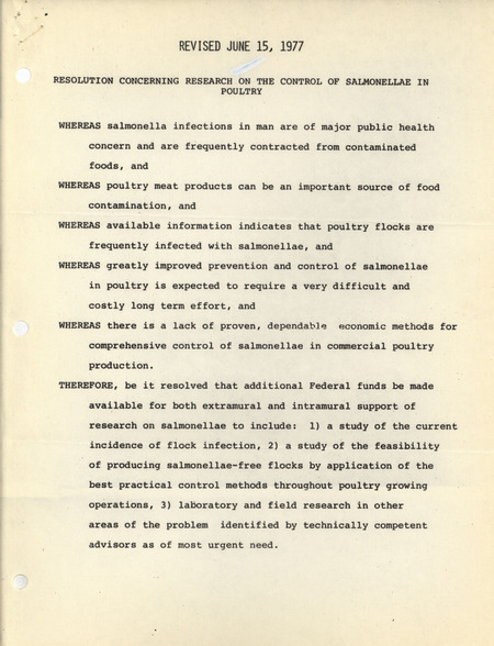 Resolution arguing for additional federal funds for salmonellae research sent to the United States Secretary of Agriculture.