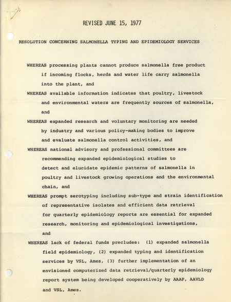 Resolution arguing for additional federal funds for salmonella treatment and prevention research sent to the United States Secretary of Agriculture and various meat industry associations and councils.