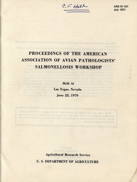 Notes from a workshop held in Las Vegas, Nevada in June 1970 on avian salmonellosis by the American Association of Avian Pathologists. Describes the issue of salmonellosis in poultry and egg production and solutions.