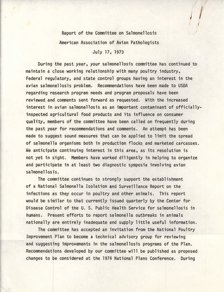 A July 17, 1973 report from the American Association of Avian Pathologists Committee on Salmonellosis describing the actions of the committee over the past year.