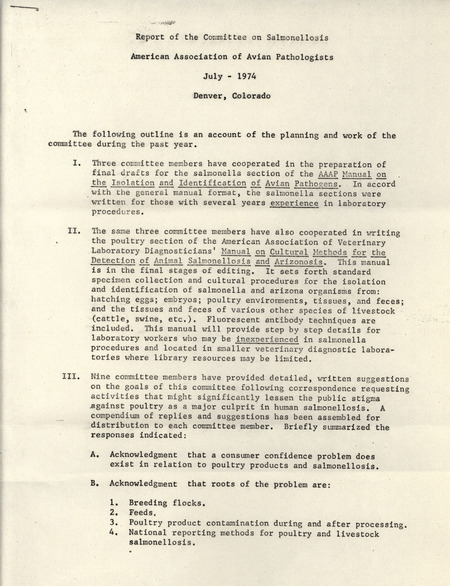 A report from the American Association of Avian Pathologists Committee on Salmonellosis from July 1974 describing the work of the committee from the past year.