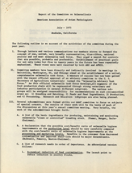 Report describing the actions and goals of the Committee on Salmonellosis of the American Association of Avian Pathologists from July 1975.