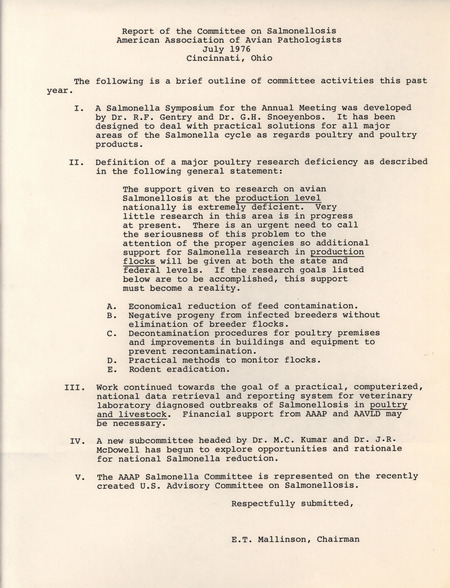 Report describing the actions and goals of the Committee on Salmonellosis of the American Association of Avian Pathologists from July 1976 in Cincinnati, Ohio.