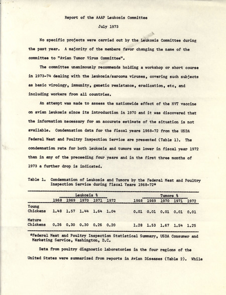 Report from July 1973 by the American Association of Avian Pathologists Leukosis Committee describing the actions and goals of the committee.