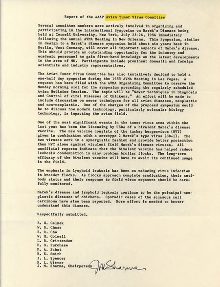 Report from 1984 by the American Association of Avian Pathologists Avian Tumor Virus Committee describing their activity during the past year.