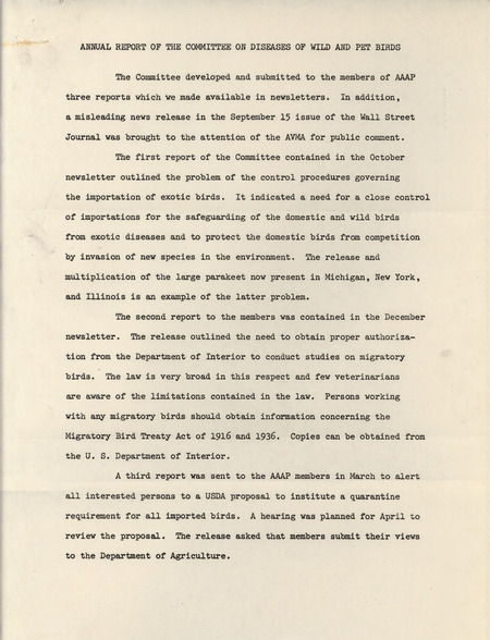 Annual report of the American Association of Avian Pathologists committee on diseases of wild and pet birds, including member names.