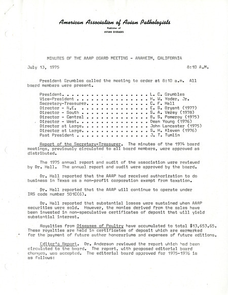 Item from a series of AAAP records containing meeting minutes and annual reports of the Board of Directors, newsletters, reports, financial statements, and copies of the constitution and bylaws.