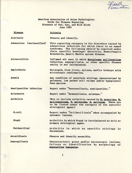 Guide for disease reporting of avians by the American Association of Avian Pathologists from June 1985. It describes the vocabulary and definitions of various avian diseases.