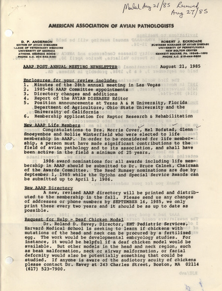 Newsletter for the annual meeting of the American Association of Avian Pathologists, published on August 21, 1985. Describing the topics covered at the annual meeting and other association news.