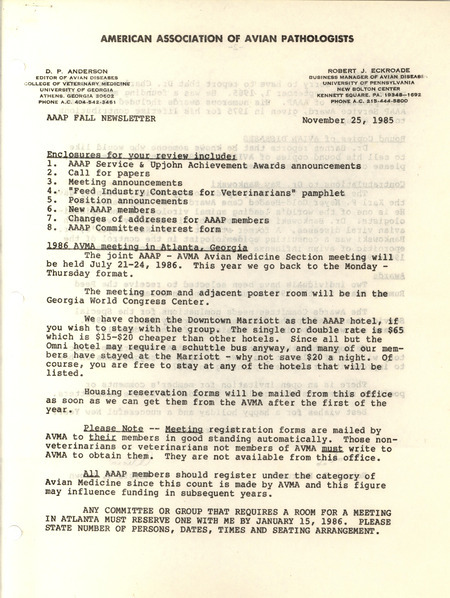 Fall newsletter for the American Association of Avian Pathologists from November 25, 1985 including call for papers, announcements and awards.