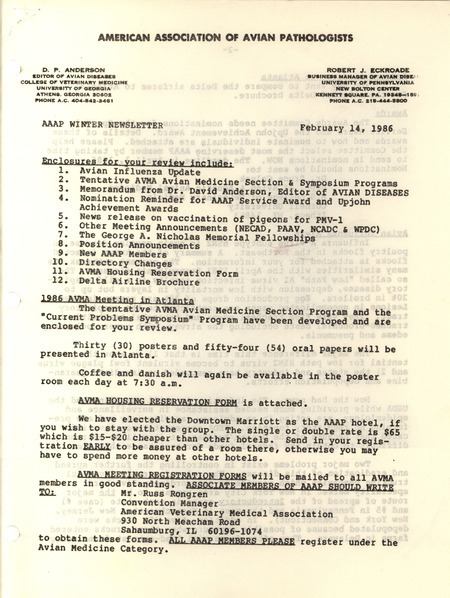 Winter newsletter of the American Association of Avian Pathologists from February 14, 1986 including announcements, memorandums and other news.