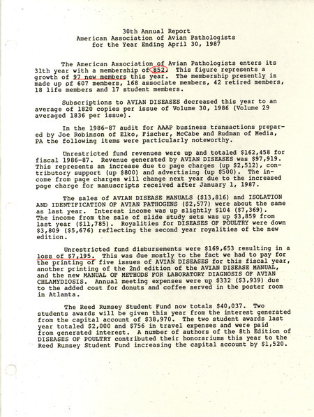 Annual report of the American Association of Avian Pathologists from April 30, 1987. Includes membership numbers and financial status of the association.