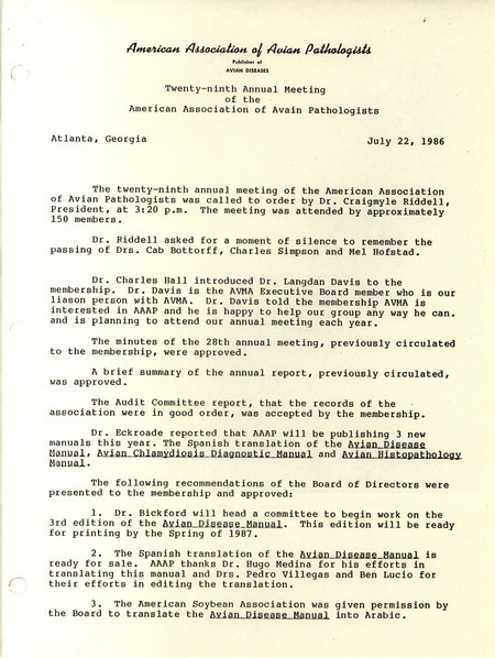 Report by the American Association of Avian Pathologists on the annual meeting from July 22, 1986 in Atlanta, Georgia, describing committee reports and announcements.