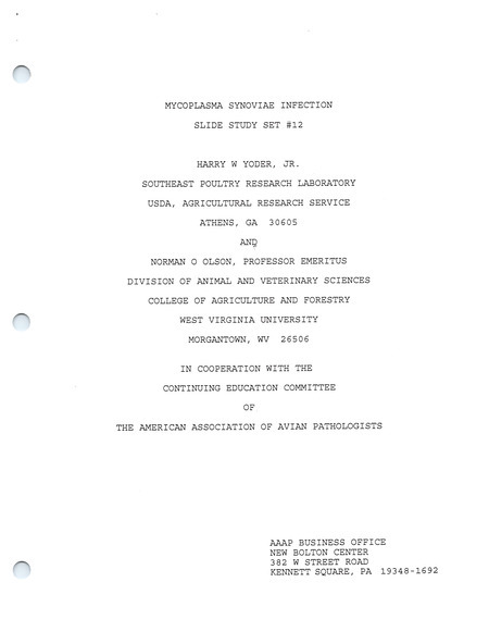 Item from a series of AAAP records containing slide study sets, which consist of slides and their accompanying texts. The slide study sets mainly cover poultry diseases and their diagnosis, but also include other topics such as biotechnology in avian medicine and careers in avian medicine.