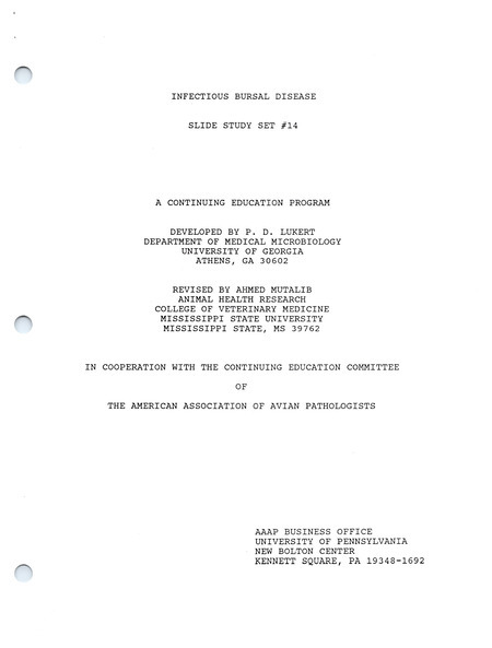 Item from a series of AAAP records containing slide study sets, which consist of slides and their accompanying texts. The slide study sets mainly cover poultry diseases and their diagnosis, but also include other topics such as biotechnology in avian medicine and careers in avian medicine.