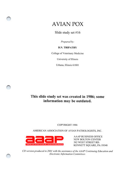 Item from a series of AAAP records containing slide study sets, which consist of slides and their accompanying texts. The slide study sets mainly cover poultry diseases and their diagnosis, but also include other topics such as biotechnology in avian medicine and careers in avian medicine.