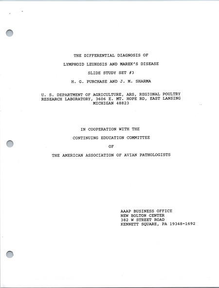 Item from a series of AAAP records containing slide study sets which consist of slides and their accompanying texts. The slide study sets mainly cover poultry diseases and their diagnosis, but also include other topics such as biotechnology in avian medicine and careers in avian medicine.