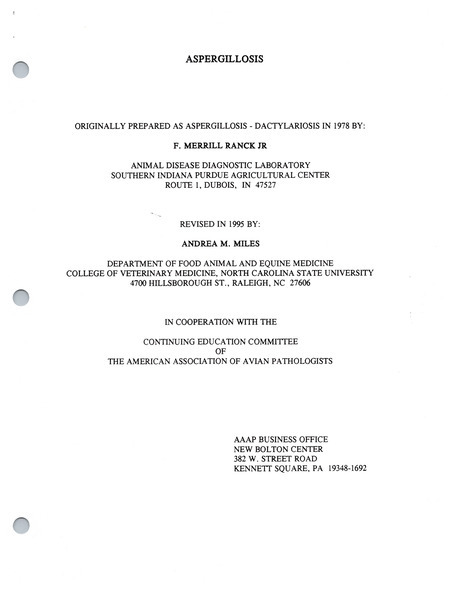 Item from a series of AAAP records containing slide study sets which consist of slides and their accompanying texts. The slide study sets mainly cover poultry diseases and their diagnosis, but also include other topics such as biotechnology in avian medicine and careers in avian medicine. Annotation: Originally prepared as aspergillosis-dactylariosis in 1978