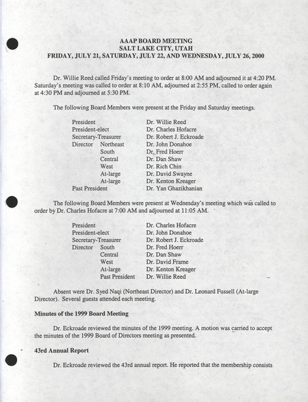 Item from a series of AAAP records containing meeting minutes and annual reports of the Board of Directors, newsletters, reports, financial statements, and copies of the constitution and by-laws. Annotation: As per the folder title, the geographic location is Massachusetts. However, as per the actual item, it is Salt Lake City, Utah.
