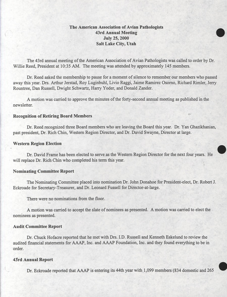 Item from a series of AAAP records containing meeting minutes and annual reports of the Board of Directors, newsletters, reports, financial statements, and copies of the constitution and by-laws. Annotation: As per the folder title, the geographic location is Massachusetts. However, as per the actual item, it is Salt Lake City, Utah.