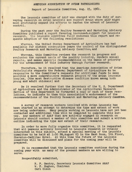 Report by the American Association of Avian Pathologists leucosis committee from August 15, 1961 describing the actions of the committee from the past year along with recommendations and future goals.