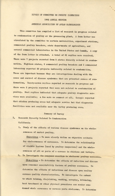 Report from the American Association of Avian Pathologists committee on poultry inspection from 1962 describing the actions of the committee from the past year and its future objectives.
