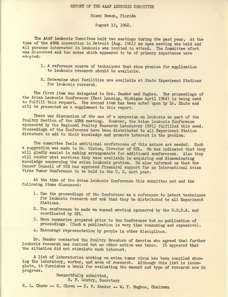 Report from the American Association of Avian Pathologists leukosis committee from August 13, 1962 describing the committee's actions from the past year and future objectives.