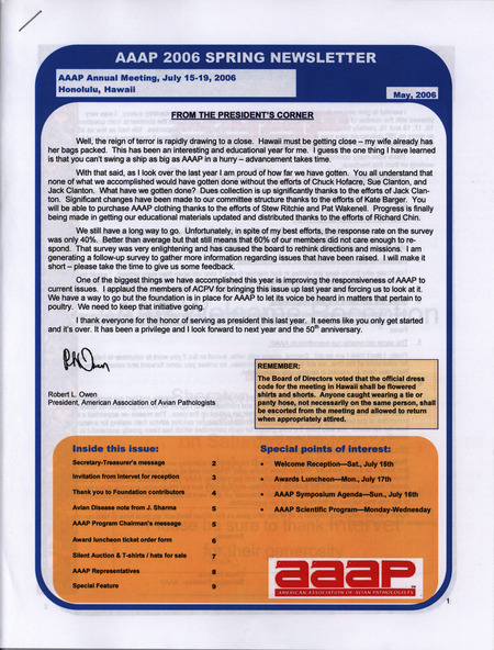 Spring newsletter from the American Association of Avian Pathologists from 2006 including schedule of events and other news.