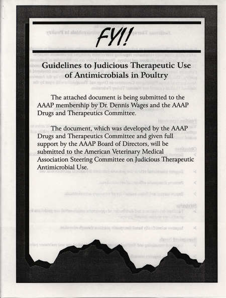 Document of guidelines to judicious therapeutic use of antimicrobials in poultry developed by the American Association of Avian Pathologists drugs and therapeutics committee.