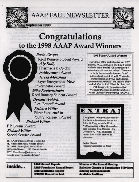 Fall newsletter for the American Association of Avian Pathologists published in September 1998, including annual reports, committee lists, meeting minutes and other news.