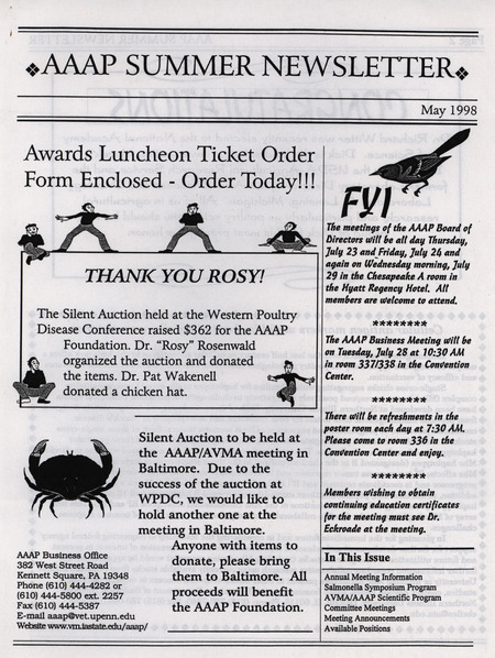 Summer newsletter from the American Association of Avian Pathologists published in May 1998 including meeting information, programs and other news.