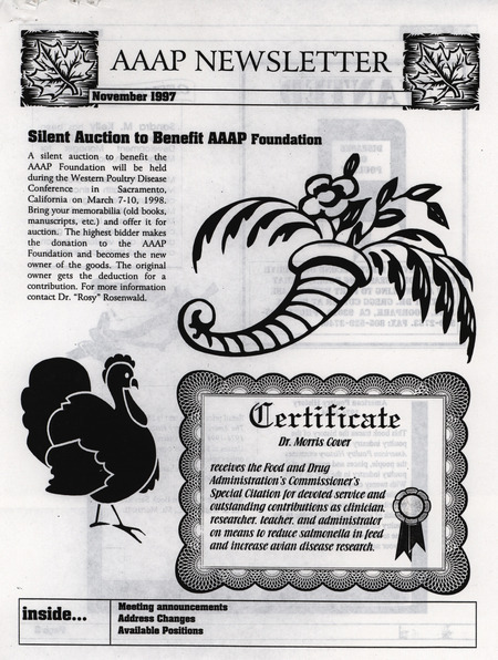 The newsletter of the American Association of Avian Pathologists, November 1997. The quarterly newsletter features several different topics, including meeting announcements and address changes.