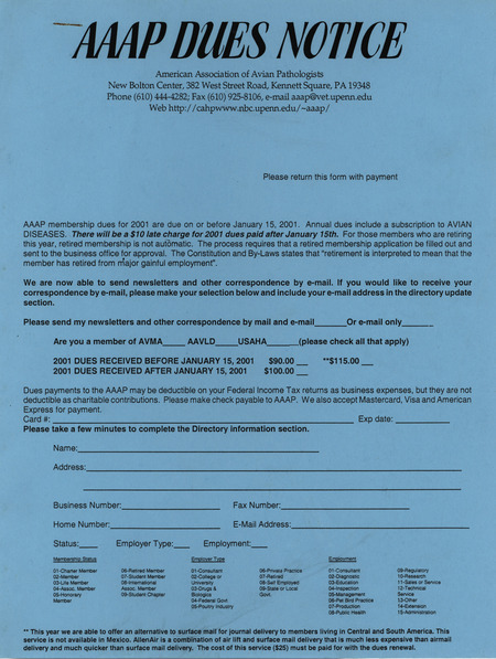 The newsletter of the American Association of Avian Pathologists, November 2000. The quarterly newsletter features several different topics, including meeting schedules, a call for papers for the 2001 AVMA (American Veterinary Medical Association)/AAAP annual meeting, and a request for nominations for various 2001 AAAP awards.