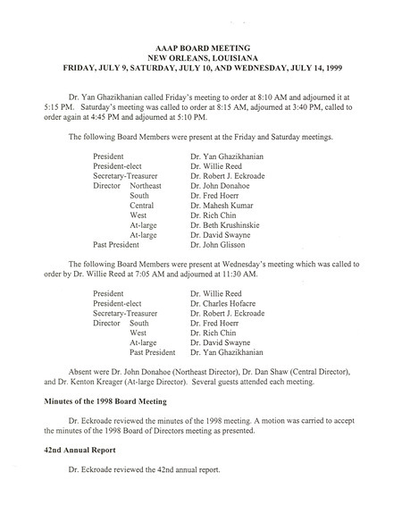 Item from a series of AAAP records containing meeting minutes and annual reports of the Board of Directors, newsletters, reports, financial statements, and copies of the constitution and bylaws. Annotation: As per the folder title, the geographic location is Salt Lake City, Utah. However, as per the actual item, it is New Orleans, Louisiana.