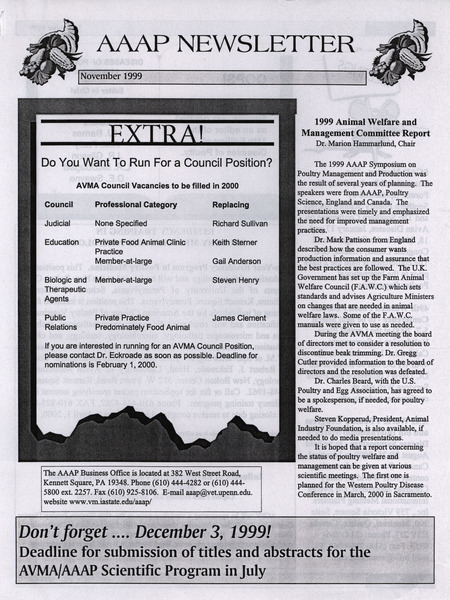 American Association of Avian Pathologists newsletter, including meeting schedule, open positions and other announcements.