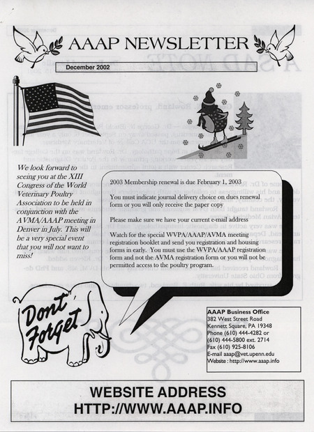 December 2002 newsletter for the American Association of Avian Pathologists, including schedule of meetings, available positions, and other announcements.