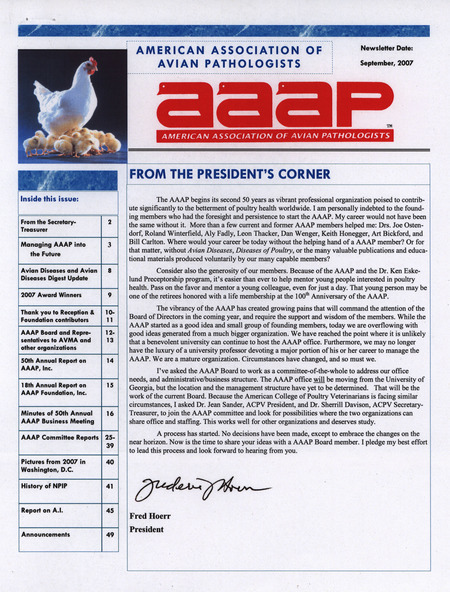 September 2007 newsletter for the American Association of Avian Pathologists including letter from the secretary-treasurer, member duties and other announcements.
