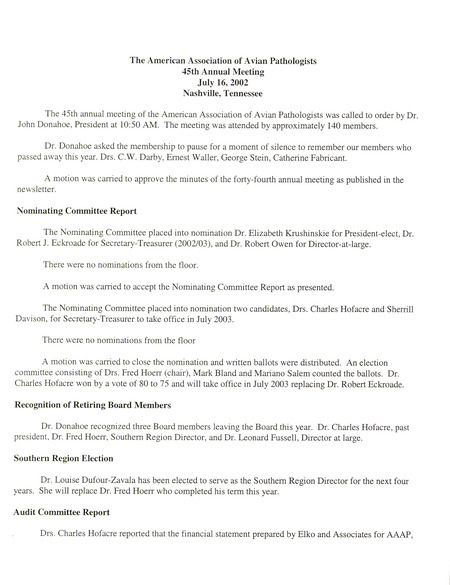 Item from a series of AAAP records containing meeting minutes and annual reports of the Board of Directors, newsletters, reports, financial statements, and copies of the constitution and bylaws. Annotation: As per the folder title, the geographic location is Denver, Colorado. However, as per the actual item, it is Nashville, Tennessee.