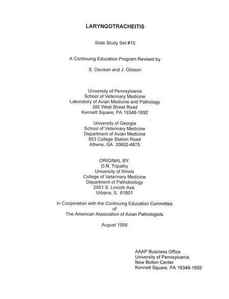 Item from a series of AAAP records containing slide study sets which consist of slides and their accompanying texts. The slide study sets mainly cover poultry diseases and their diagnosis, but also include other topics such as biotechnology in avian medicine and careers in avian medicine.