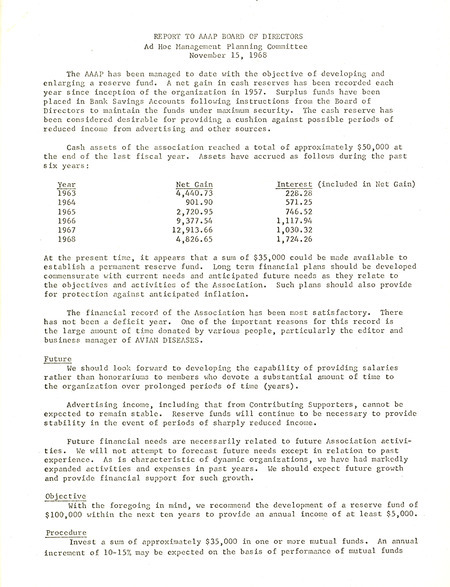 Item from a series of AAAP records containing committee member assignments, membership committee interest surveys, committee reports and correspondence that reflect the varied interests of the Association.