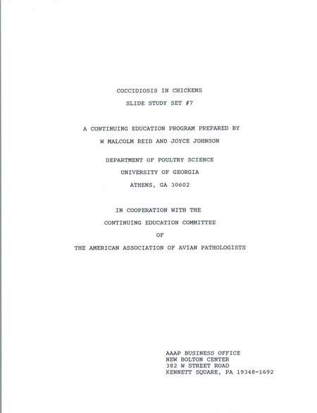 Item from a series of AAAP records containing slide study sets which consist of slides and their accompanying texts. The slide study sets mainly cover poultry diseases and their diagnosis, but also include other topics such as biotechnology in avian medicine and careers in avian medicine. Annotation: Revised version available in box 41 folder 6.