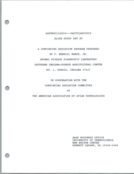 Item from a series of AAAP records containing slide study sets which consist of slides and their accompanying texts. The slide study sets mainly cover poultry diseases and their diagnosis, but also include other topics such as biotechnology in avian medicine and careers in avian medicine. Annotation: Revised version available in box 41 folder 7.