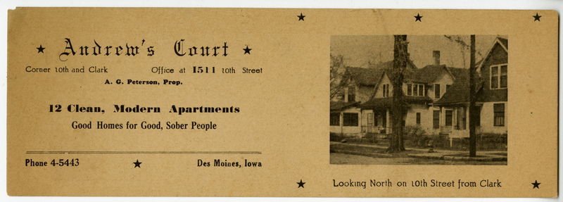 Shows image of the buildings at the corner of 10th Street and Clark Street.