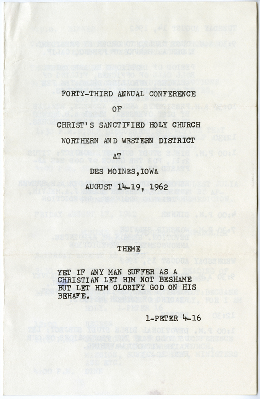 43Rd Annual Conference Of Christ's Sanctified Holy Church Northern And Western District, August 14-19, 1962 Program