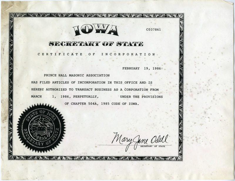 Iowa Secretary Of State Certificate Of Incorporation For Prince Hall Masonic Association