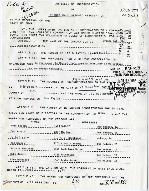 Articles Of Incorporation Of Prince Hall Masonic Association