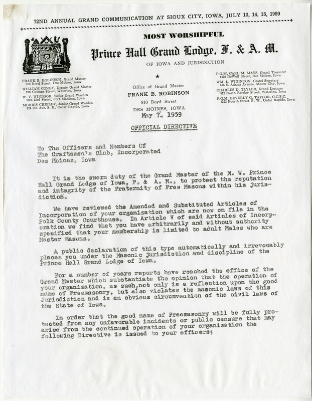 Directive informing Officers and Members of the Craftsmen's Club of Des Moines to delete and amend language in their articles of incorporation that requires all members to be Master Masons.