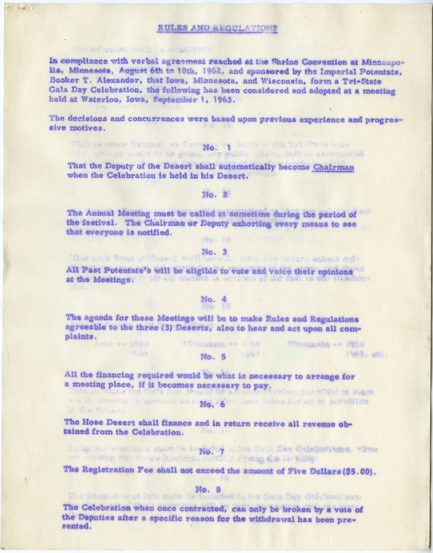 Describes rules set forth to govern the "Tri-States 'Gala Day' celebration."