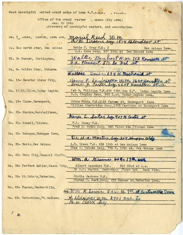 Lists the names and addresses of the Worshipful Masters in the state of Iowa.