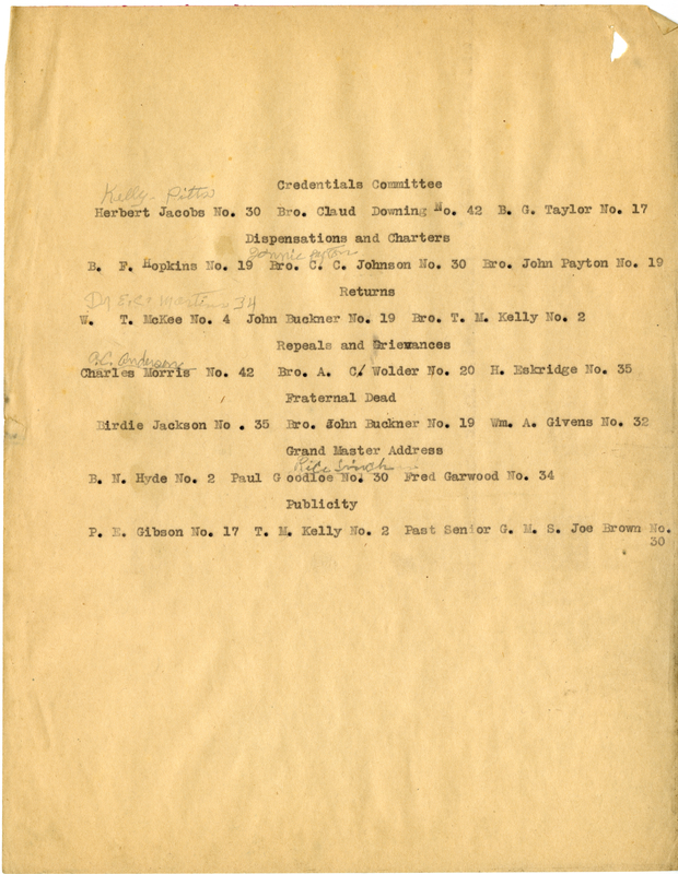 Lists the names and lodges of who will be presenting on specific topics during an unspecified meeting.